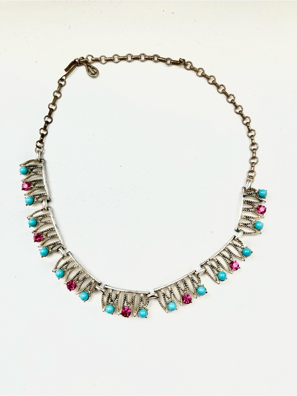 Vintage 1950’s / 1960’s Costume Turquoise and Pink Sapphire Rhinestone Necklace
